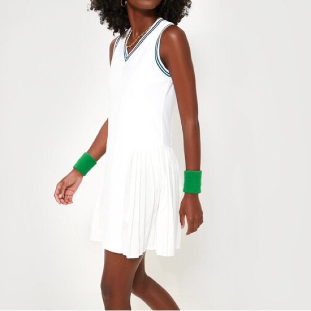 Tuckernuck White Tennis-Style Pleated Dress with Green Trim